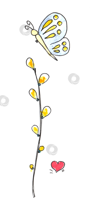 Скачать Набор акварельных рисунков "Весенние простенькие детские каракули" с набросками от руки. Милая мультяшная иллюстрация, выполненная от руки. фотосток Ozero