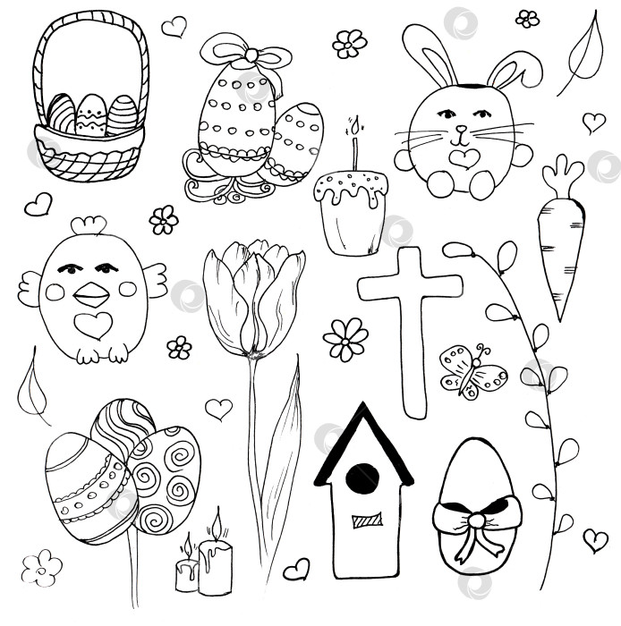 Скачать Набор пасхальных рисунков. Набор пасхальных рисунков, нарисованных от руки на белом фоне фотосток Ozero