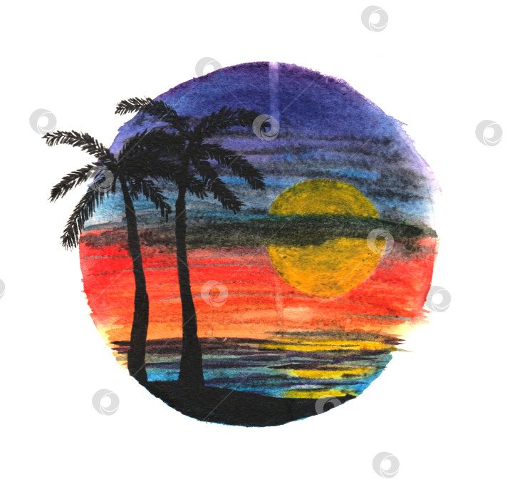 Скачать Акварельный летний пляжный принт. Круглое пятно на брюках, силуэт пальмы, волны, вода, море на белом фоне. фотосток Ozero