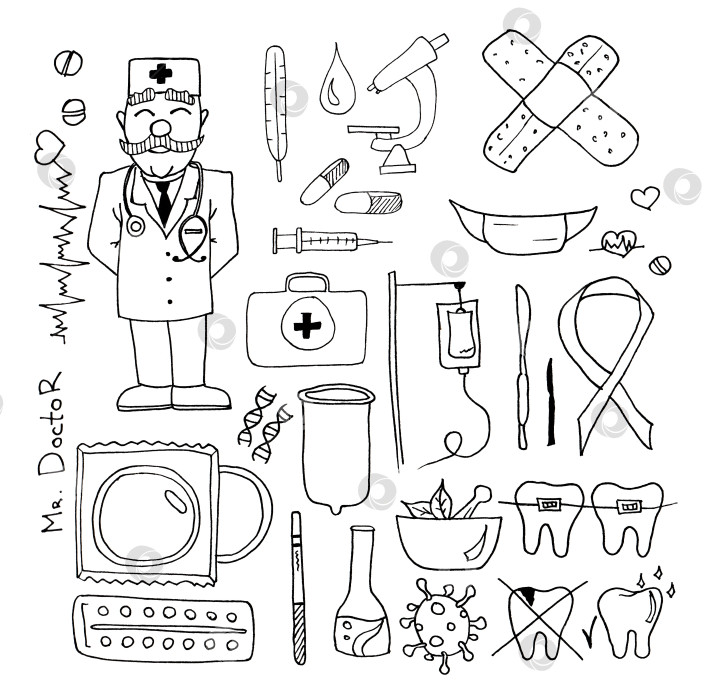 Скачать Набор для рисования медицинскими каракулями. Медицинский эскиз коллекции фотосток Ozero