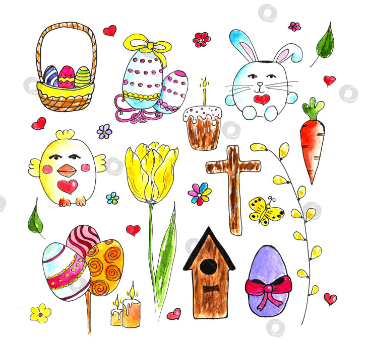 Скачать Набор акварельных пасхальных рисунков. Набор пасхальных рисунков, нарисованных от руки, на белом фоне фотосток Ozero