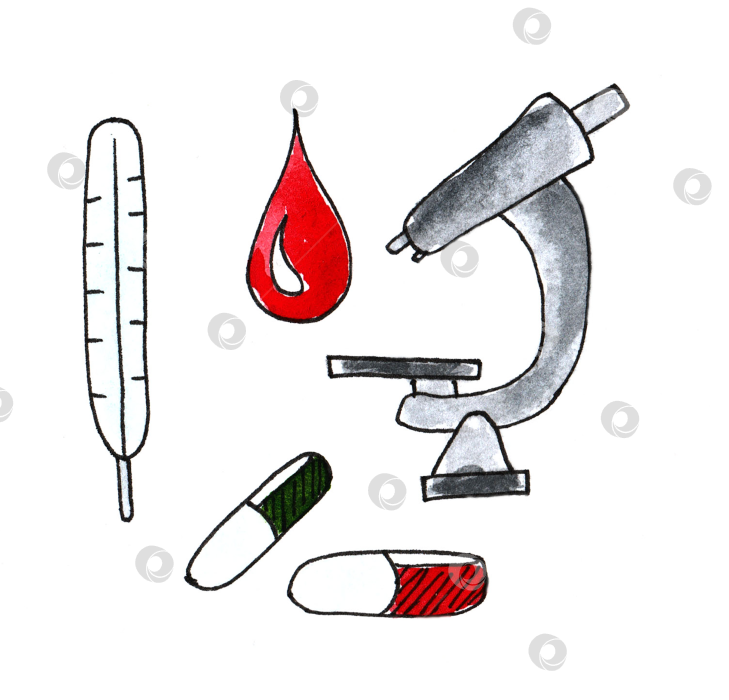 Скачать Набор акварельных красок Medical Doodle line. Медицинский эскиз коллекции фотосток Ozero