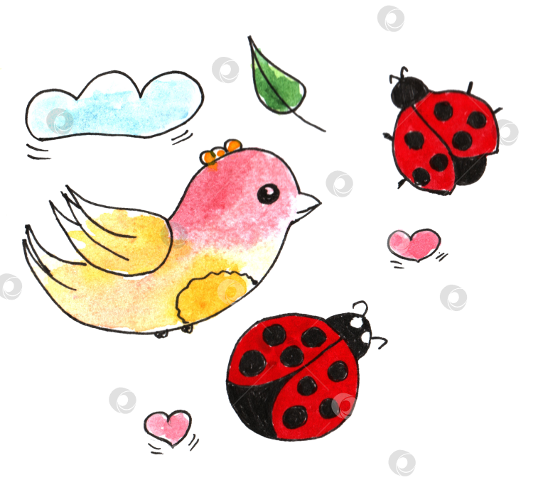 Скачать Набор акварельных рисунков "Весенние простенькие детские каракули" с набросками от руки. Милая мультяшная иллюстрация, выполненная от руки. фотосток Ozero