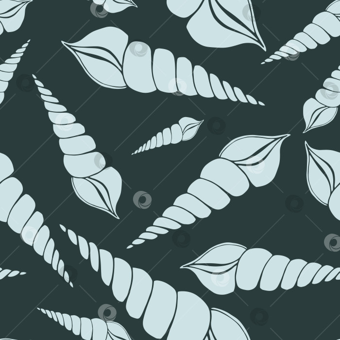 Скачать Модный бесшовный узор из морских раковин плоского силуэта для тканей, текстиля, одежды, предметов интерьера, канцелярских принадлежностей, упаковки. Современная бесконечная текстура морской воды ручной работы. Тропические океанские раковины с возможностью редактирования. фотосток Ozero