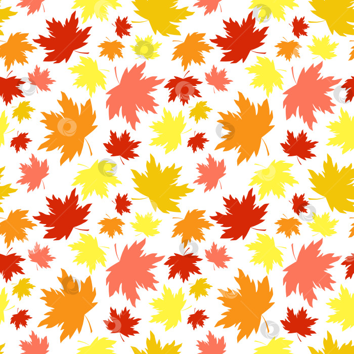 Скачать Бесшовный узор из падающих кленовых листьев. Цветной силуэт листвы acer на безграничном фоне. Текстура бесконечного падения. Красные, желтые, оранжевые осенние листья - милый красочный повторяющийся дизайн поверхности фотосток Ozero