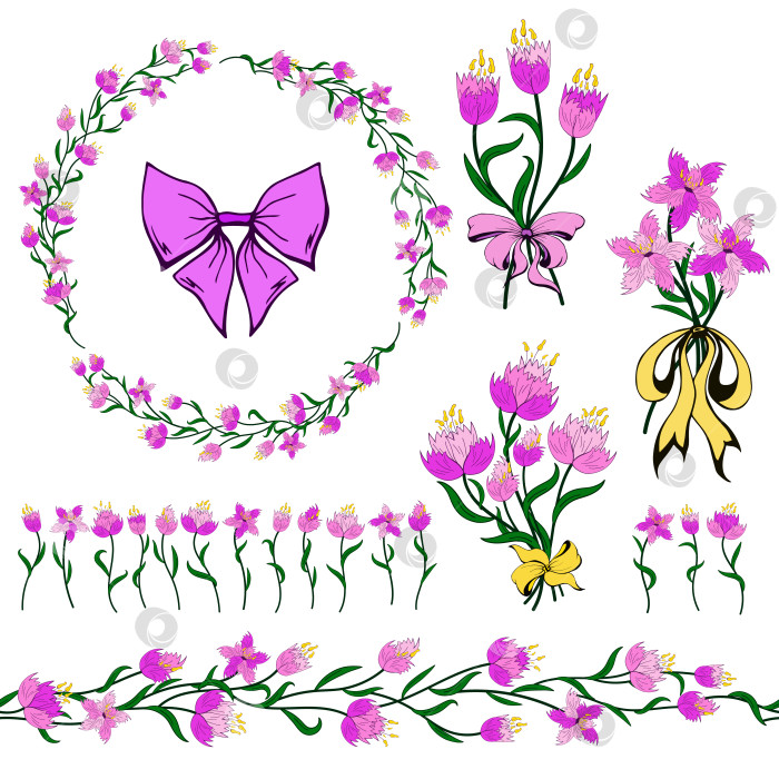 Скачать Стилизованные фантазийные цветы, бесшовная кисточка-бордюр, венок, набор для создания букетов. Коллекция шаблонов с различными цветочными элементами, выделенными на белом фоне. Набор различных ботанических предметов для поздравительной открытки фотосток Ozero