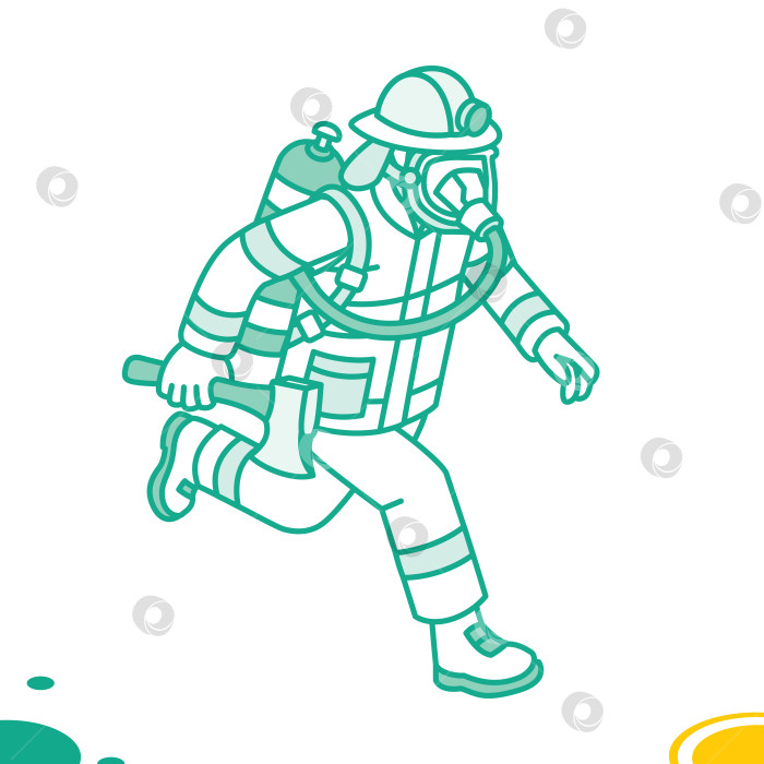 Скачать Пожарный в защитном костюме, бегущий с топором и дыхательным аппаратом. Стиль линейного контура. Иллюстрация. Объект, выделенный на белом фоне. фотосток Ozero