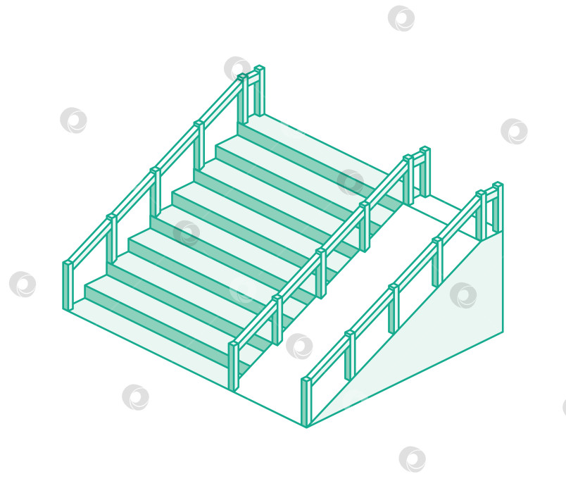 Скачать Изометрическая лестница с боковым пандусом и перилами. Схема иллюстрации. Объект, выделенный на белом фоне. фотосток Ozero