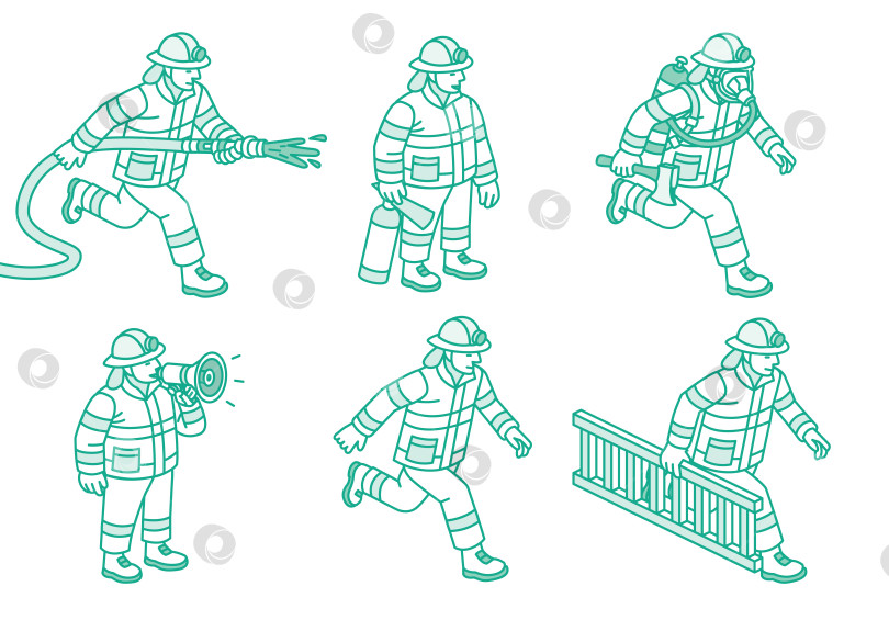 Скачать Изометрическая группа пожарных в действии со спасательным оборудованием и инструментами. Схематическая иллюстрация. Объект, выделенный на белом фоне. фотосток Ozero
