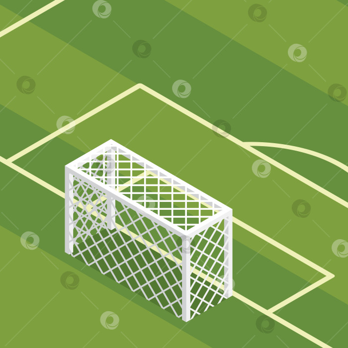 Скачать Изометрический вид сзади на футбольные ворота с сеткой на зеленом футбольном поле. Иллюстрация. фотосток Ozero