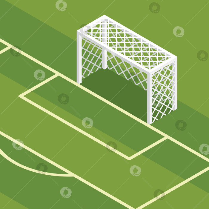 Скачать Изометрические футбольные ворота с сеткой на зеленом футбольном поле. Размеченные линии поля. Иллюстрация. фотосток Ozero
