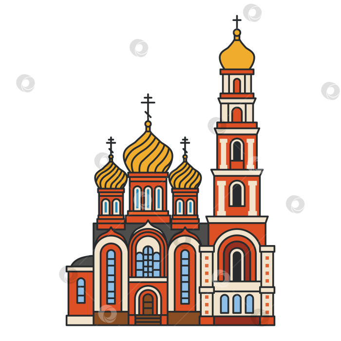 Скачать Православная церковь с золотыми луковичными куполами и высокой колокольней. Симметричный фасад в плоском мультяшном стиле со смелыми очертаниями. Иллюстрация. Объект, выделенный на белом фоне. фотосток Ozero