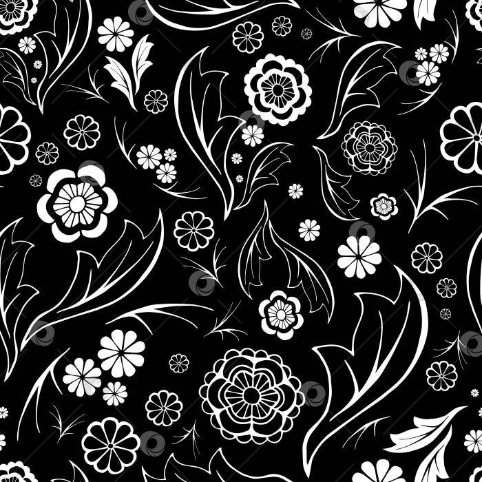 Скачать Нарисуйте цветы в стиле дзен-арт-каракули случайным бесшовным узором. Цветочные мотивы повторяются неравномерно на поверхности. Белый контур на черном фоне - бесконечная декоративная текстура для интерьера, текстиля или тетрадей. фотосток Ozero