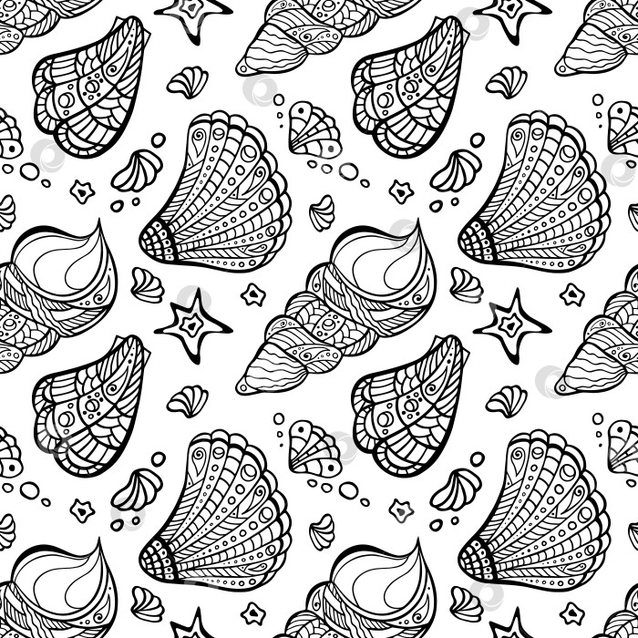 Скачать Случайный бесшовный узор из полинезийских раковин. Бесконечная текстура раковины Zenart. Море маори повторяет неровности безграничного фона. Дизайн поверхности океана племен. Хаотичный орнамент для раскраски или одежды. фотосток Ozero