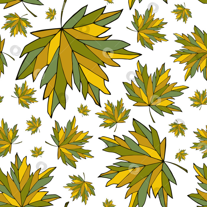 Скачать Бесшовный узор из зеленых и желтых кленовых листьев. Безграничный фон из листвы Acer. Яркая ботаническая текстура. Повторяющийся дизайн поверхности с травами. Милый красочный фон фотосток Ozero