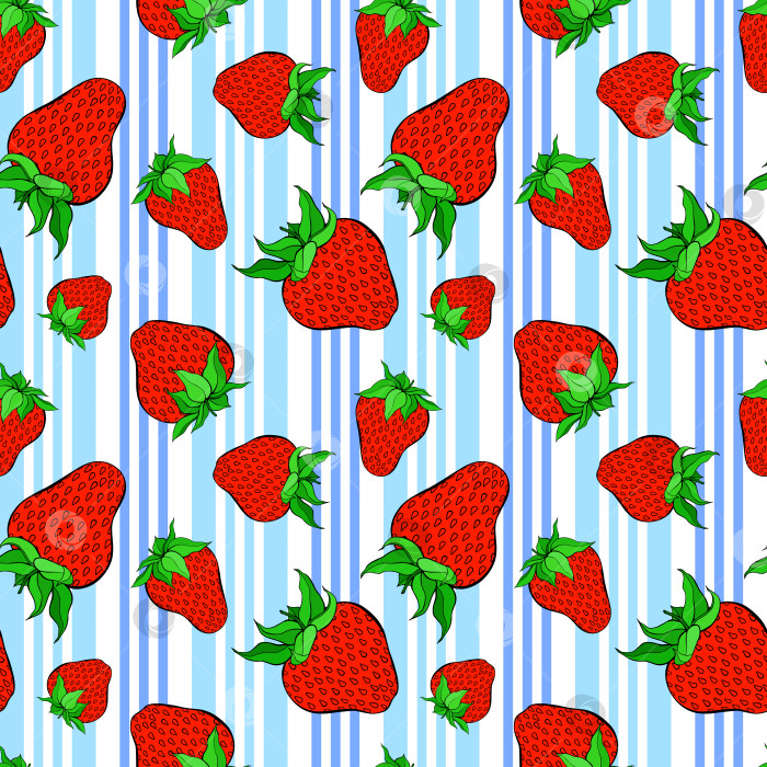 Скачать Бесшовный узор из клубники на синем полосатом фоне. Красные ягоды повторяют бесконечную текстуру. Вкусный безграничный фон. Дизайн поверхности для вегетарианских блюд. Редактируемая плитка для кухонного текстиля. фотосток Ozero