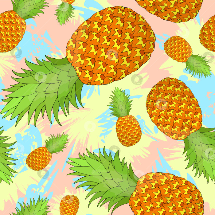 Скачать Бесшовный узор в виде ананаса на фоне пастельных разводов. Тропические фрукты, повторяющие бесконечную текстуру. Вкусный безграничный фон. Дизайн поверхности для приготовления пищи. Редактируемая плитка для текстиля или канцелярских принадлежностей фотосток Ozero
