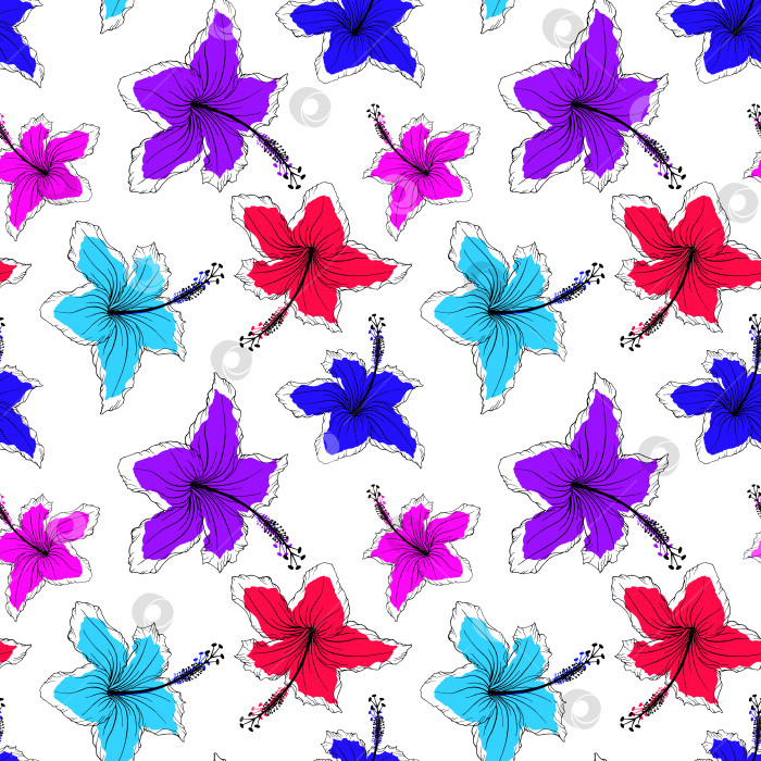 Скачать Холодные цвета, цветы гибискуса с неровным бесшовным рисунком. Бесконечная текстура тропических цветов повторяется в произвольном порядке. Экзотический яркий безграничный фон. Растения летнего рая повторяют дизайн поверхности фотосток Ozero