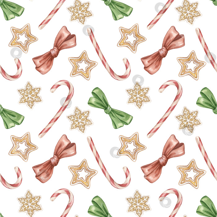 Скачать Бесшовный праздничный узор с красными и зелеными атласными бантиками, леденцами на палочке и имбирным печеньем с белой глазурью. фотосток Ozero