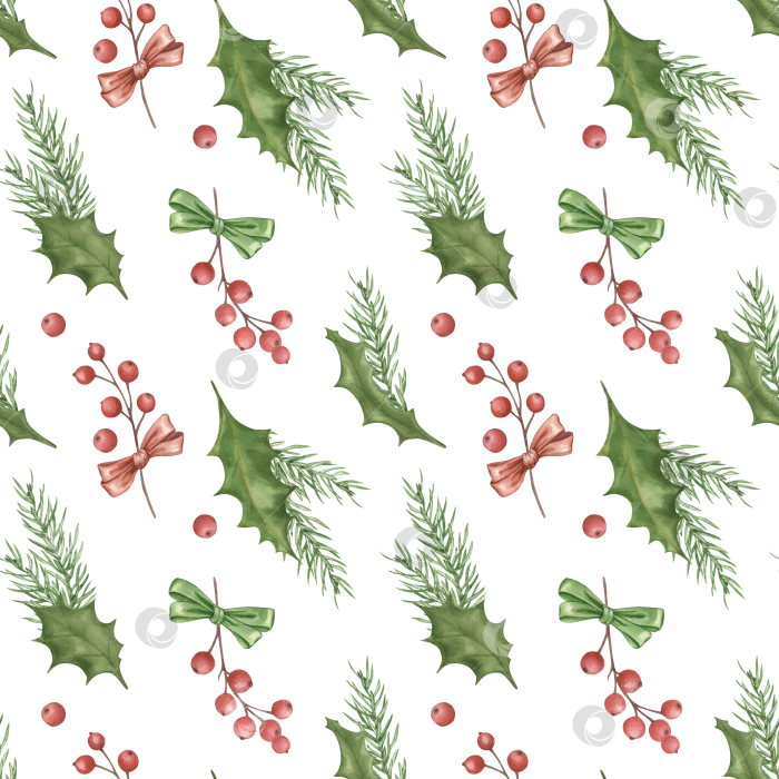 Скачать Бесшовный фон с листьями, ягодами остролиста и хвойными ветвями. фотосток Ozero