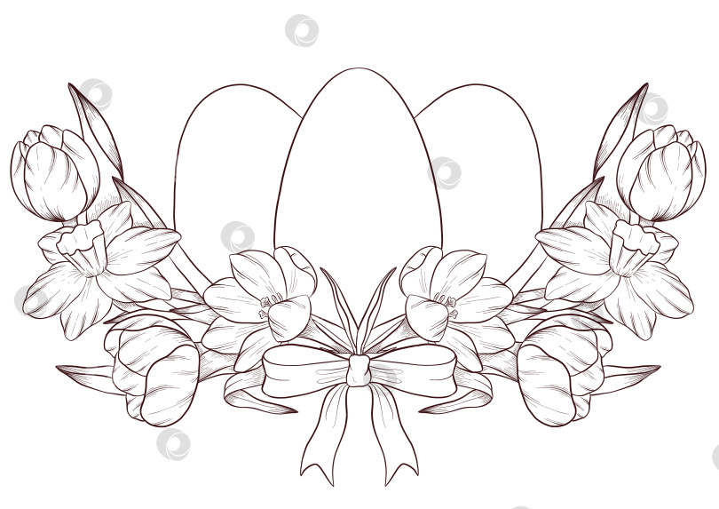 Скачать Традиционный набор праздничных элементов декора "Пасхальные цветы". Иллюстрация в стиле туши. Яйца, узлы, весенние садовые цветы и корзина с выгравированными контурами. Монохромная графика в виде нарисованных от руки линий для букетов, венков, открыток, поздравлений. фотосток Ozero