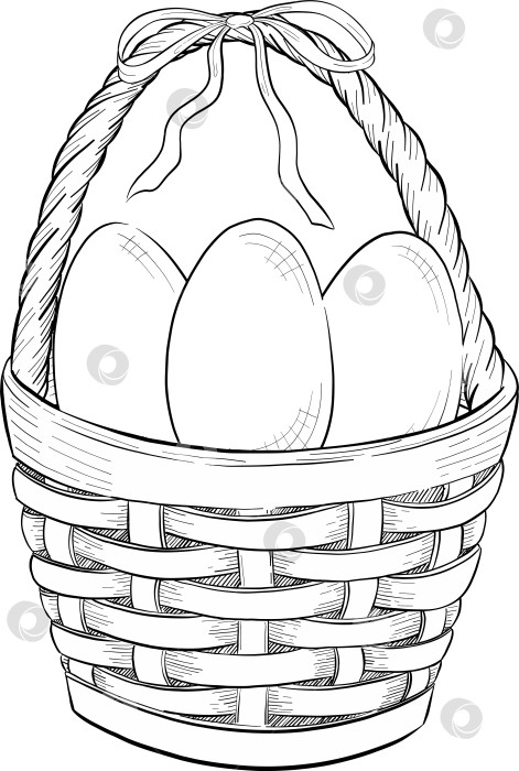 Скачать Традиционный набор праздничных элементов декора "Пасхальные цветы". Иллюстрация в стиле туши. Яйца, узлы, весенние садовые цветы и корзина с выгравированными контурами. Монохромная графика в виде нарисованных от руки линий для букетов, венков, открыток, поздравлений. фотосток Ozero