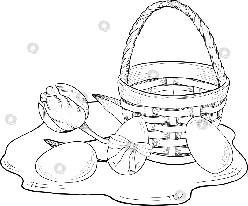 Скачать Традиционный набор праздничных элементов декора "Пасхальные цветы". Иллюстрация в стиле туши. Яйца, узлы, весенние садовые цветы и корзина с выгравированными контурами. Монохромная графика в виде нарисованных от руки линий для букетов, венков, открыток, поздравлений. фотосток Ozero