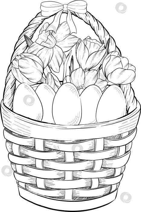 Скачать Традиционный набор праздничных элементов декора "Пасхальные цветы". Иллюстрация в стиле туши. Яйца, узлы, весенние садовые цветы и корзина с выгравированными контурами. Монохромная графика в виде нарисованных от руки линий для букетов, венков, открыток, поздравлений. фотосток Ozero