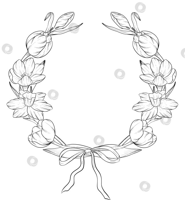 Скачать Традиционный набор праздничных элементов декора "Пасхальные цветы". Иллюстрация в стиле туши. Яйца, узлы, весенние садовые цветы и корзина с выгравированными контурами. Монохромная графика в виде нарисованных от руки линий для букетов, венков, открыток, поздравлений. фотосток Ozero