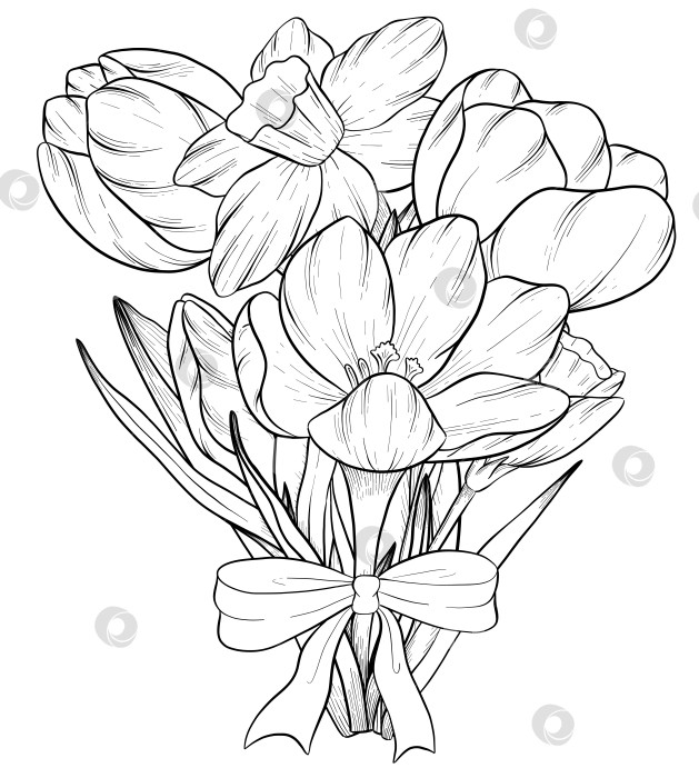 Скачать Традиционный набор праздничных элементов декора "Пасхальные цветы". Иллюстрация в стиле туши. Яйца, узлы, весенние садовые цветы и корзина с выгравированными контурами. Монохромная графика в виде нарисованных от руки линий для букетов, венков, открыток, поздравлений. фотосток Ozero