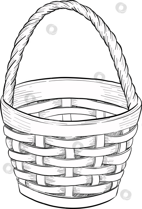 Скачать Традиционный набор праздничных элементов декора "Пасхальные цветы". Иллюстрация в стиле туши. Яйца, узлы, весенние садовые цветы и корзина с выгравированными контурами. Монохромная графика в виде нарисованных от руки линий для букетов, венков, открыток, поздравлений. фотосток Ozero