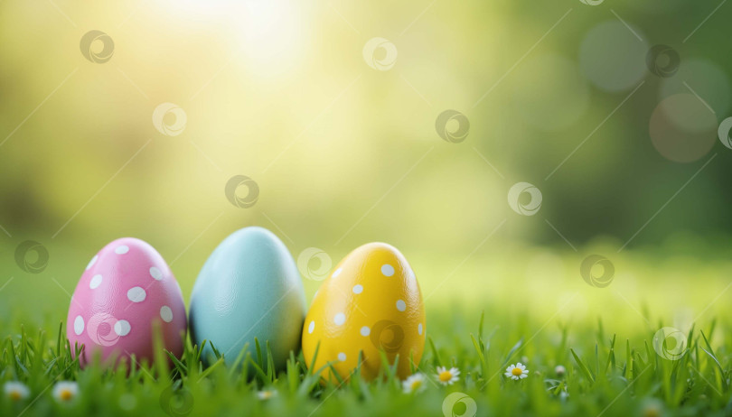 Скачать Три пасхальных яйца в ярких цветах на зелёной траве с цветами фотосток Ozero