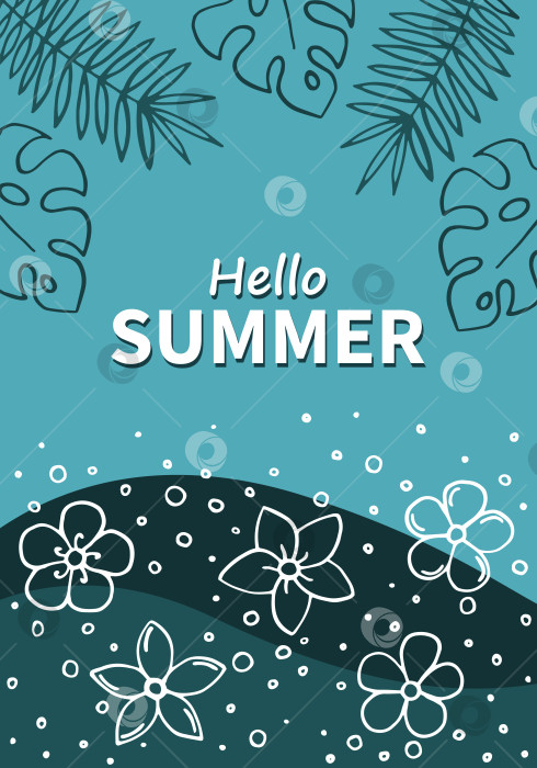 Скачать Летний плакат, нарисованный от руки, с тропическими листьями. Открытки для летних каникул. фотосток Ozero