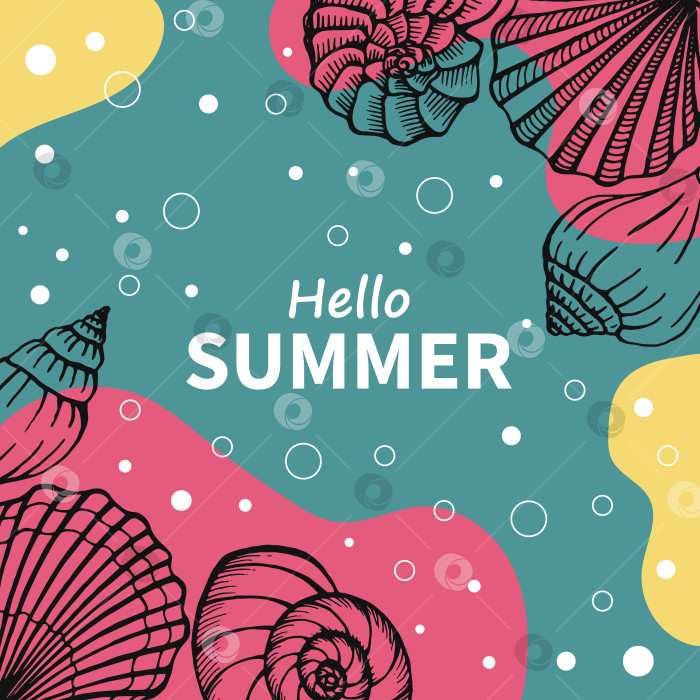 Скачать Летний плакат, нарисованный от руки, с морскими ракушками. Открытки для летних каникул. фотосток Ozero
