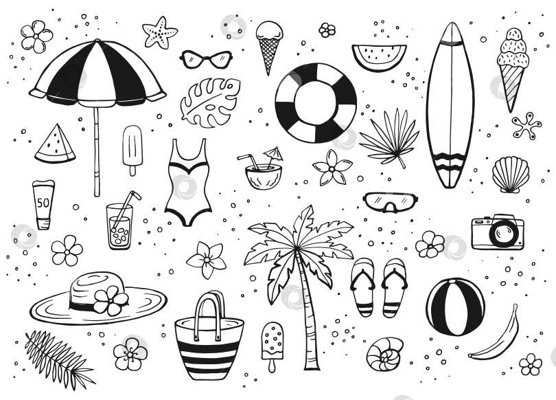 Скачать Летний пляжный набор, нарисованный вручную. Коллекция элементов для скрапбукинга для пляжной вечеринки. фотосток Ozero