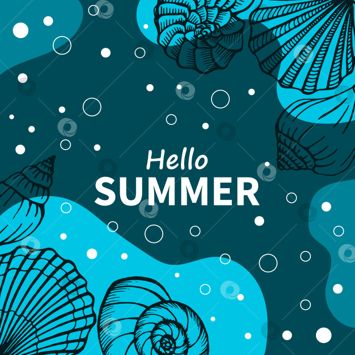 Скачать Летний плакат, нарисованный от руки, с морскими ракушками. Открытки для летних каникул. фотосток Ozero