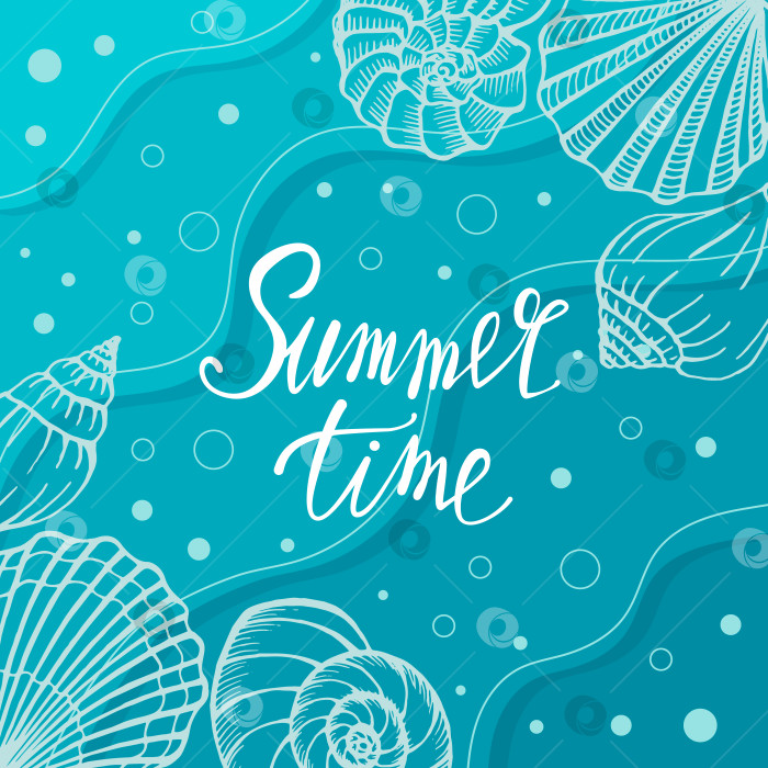 Скачать Яркая летняя открытка. Красивый летний плакат с ракушками и текстом, написанным от руки. Открытки для летних каникул. Векторная иллюстрация фотосток Ozero