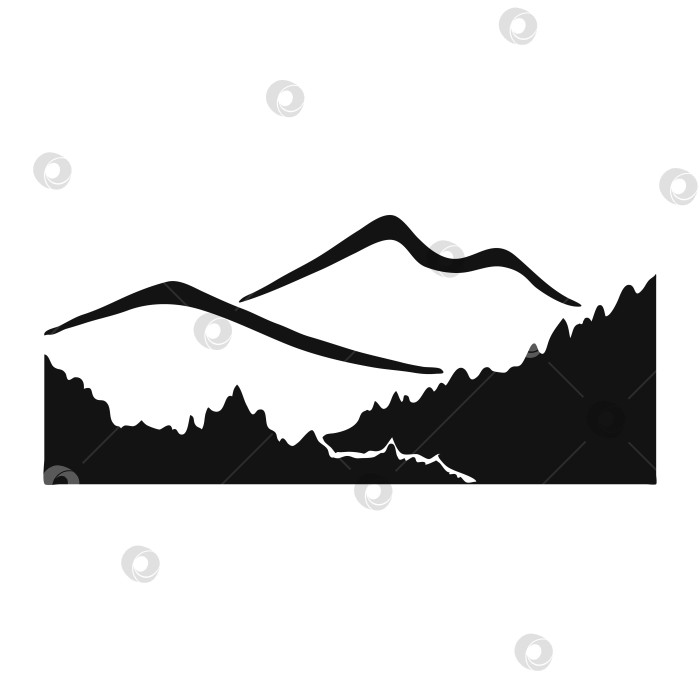 Скачать Гора с соснами и пейзажем, черным по белому. Скалистые вершины, нарисованные от руки в стиле эскиза. Векторная иллюстрация. фотосток Ozero