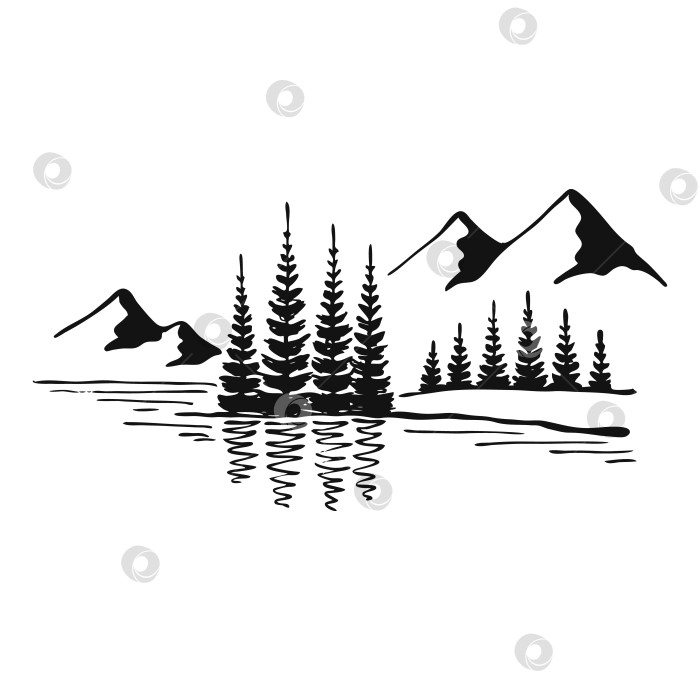 Скачать Горный пейзаж с соснами и озером, черный на белом фоне. Скалистые вершины, нарисованные от руки в стиле эскиза. Векторная иллюстрация. фотосток Ozero