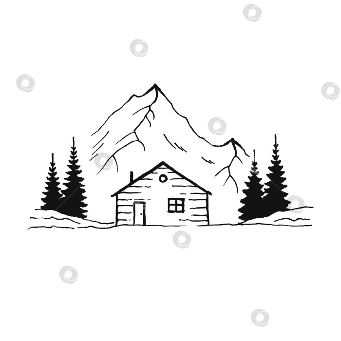 Скачать Гора с соснами и пейзаж загородного дома, черный на белом фоне. Скалистые вершины, нарисованные от руки в стиле эскиза. Векторная иллюстрация. фотосток Ozero