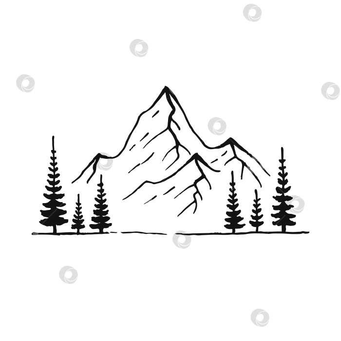 Скачать Гора с соснами и пейзажем, черным по белому. Скалистые вершины, нарисованные от руки в стиле эскиза. Векторная иллюстрация. фотосток Ozero
