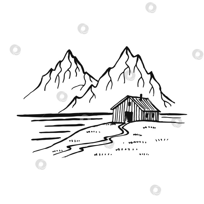 Скачать Хижина в горах. Пейзаж, черный на белом фоне. Скалистые вершины, нарисованные от руки в стиле эскиза. Векторная иллюстрация. фотосток Ozero