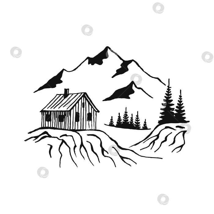Скачать Дом в горах с соснами. Пейзаж черным по белому. Скалистые вершины, нарисованные от руки в стиле эскиза. Векторная иллюстрация. фотосток Ozero