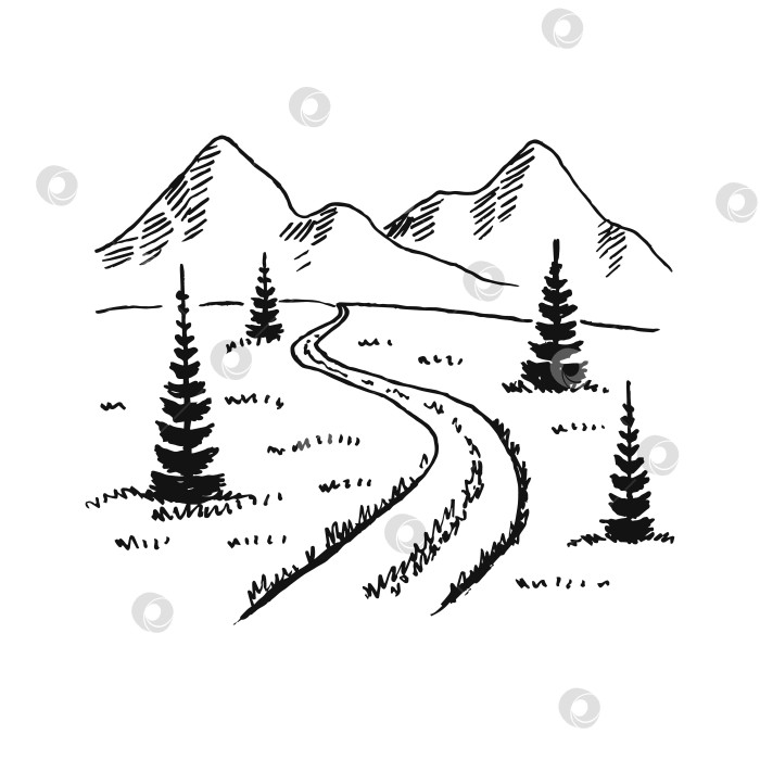 Скачать Дорога в горы. Пейзаж, черный на белом фоне. Скалистые вершины, нарисованные от руки в стиле эскиза. Векторная иллюстрация. фотосток Ozero