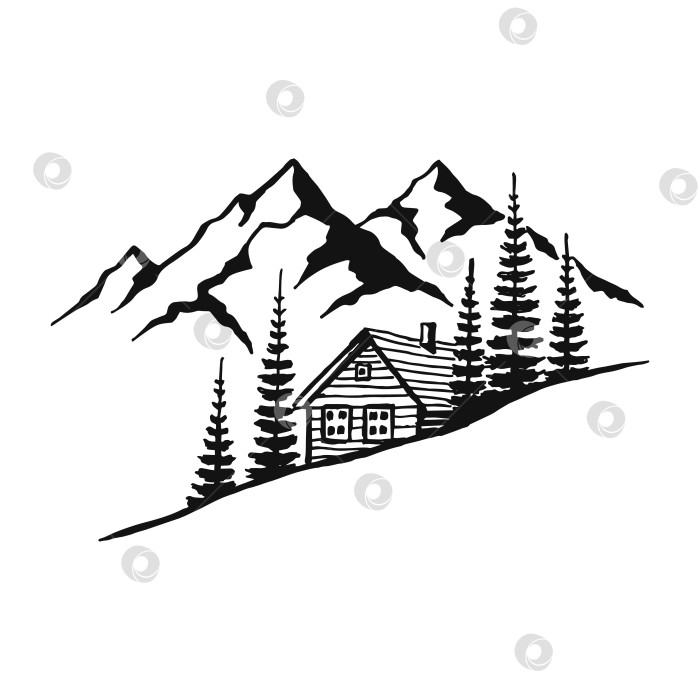 Скачать Дом в горах с соснами. Пейзаж черным по белому. Скалистые вершины, нарисованные от руки в стиле эскиза. Векторная иллюстрация. фотосток Ozero