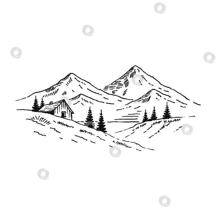 Скачать Дом в горах с соснами. Пейзаж черным по белому. Скалистые вершины, нарисованные от руки в стиле эскиза. Векторная иллюстрация. фотосток Ozero