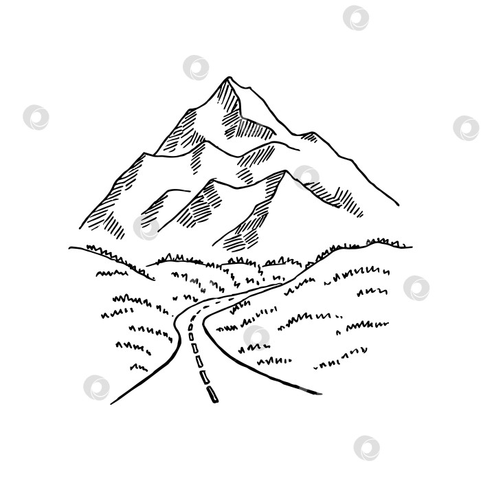 Скачать Дорога в горы. Пейзаж, черный на белом фоне. Скалистые вершины, нарисованные от руки в стиле эскиза. Векторная иллюстрация. фотосток Ozero