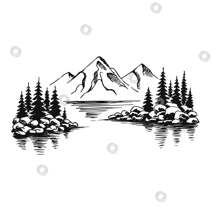 Скачать Горный пейзаж с соснами и озером, черный на белом фоне. Скалистые вершины, нарисованные от руки в стиле эскиза. Векторная иллюстрация. фотосток Ozero