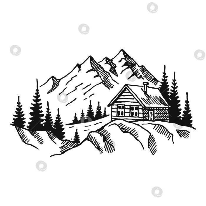 Скачать Гора с соснами и пейзаж загородного дома, черный на белом фоне. Скалистые вершины, нарисованные от руки в стиле эскиза. Векторная иллюстрация. фотосток Ozero