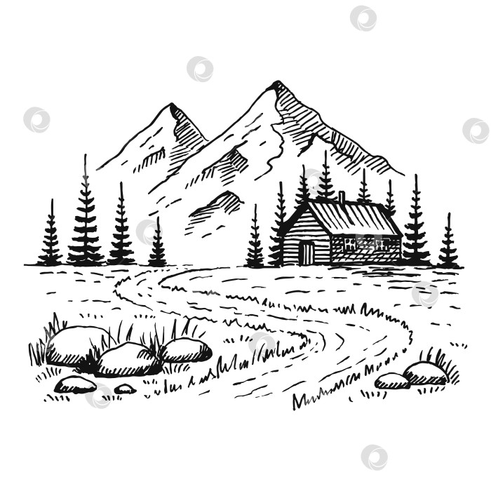 Скачать Гора с соснами и пейзажем загородного дома, черным по белому. Скалистые вершины, нарисованные от руки в стиле эскиза. Векторная иллюстрация. фотосток Ozero